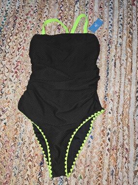 Nwt Popvil Black Textured One-Piece Swimsuit with Neon Green Trim